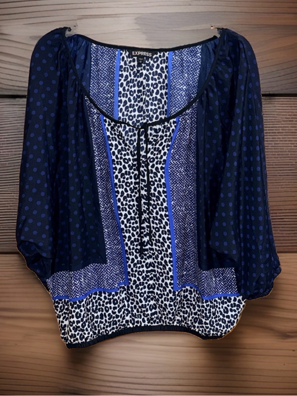 Express Women’s Navy Mixed-Pattern Peasant Blouse-S-EC
